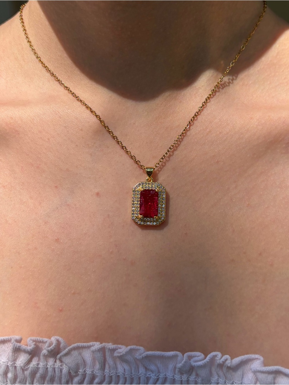 Gold Emerald Cut Ruby Red Rhinestone Double Halo Pendant Necklace